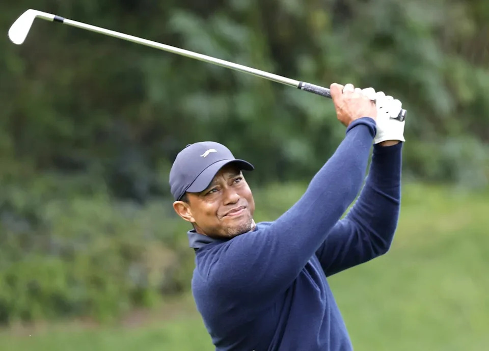 Tiger Woods hits from the fairway at the Riviera Country Club on Friday, Feb. 16, 2024.