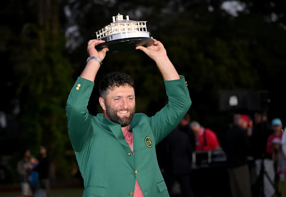 AUGUSTA, GEORGIA - APRIL 09: Jon Rahm of Spain poses with the Masters trophy during the Green Jacket Ceremony after winning the 2023 Masters Tournament at Augusta National Golf Club on April 09, 2023 in Augusta, Georgia. (Photo by Ross Kinnaird/Getty Images)