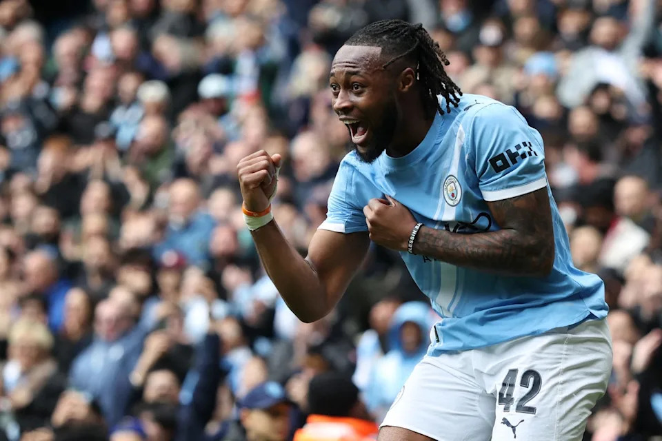 Semenyo, who Liverpool wanted to sign in January, celebrates after scoring Man City's third goal after half-time (AFP via Getty Images)