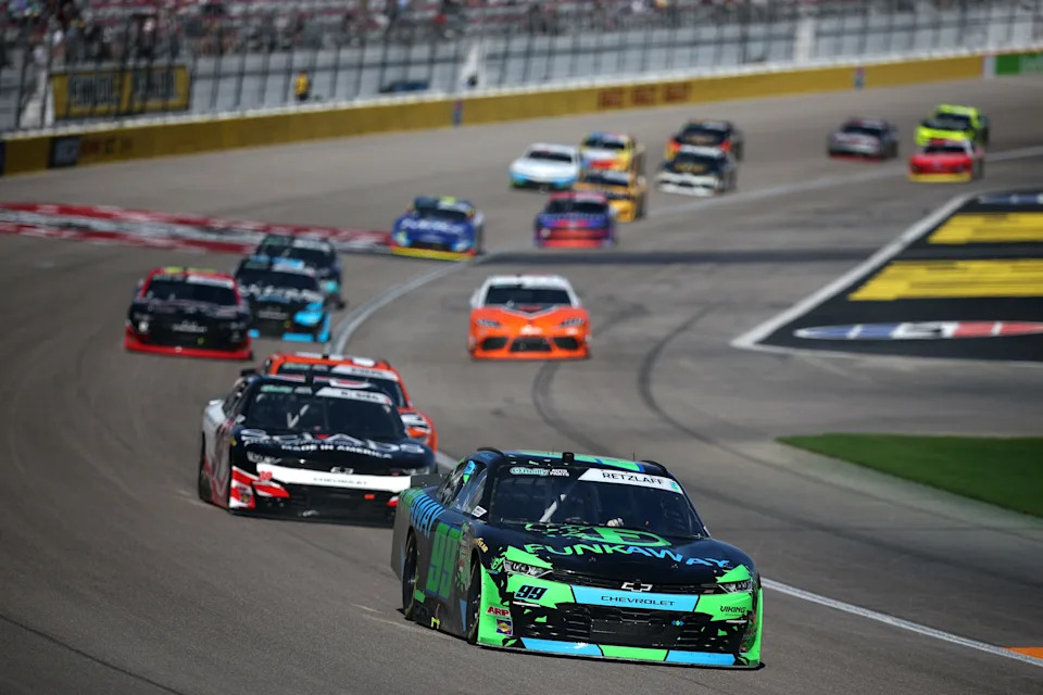 Parker Retzlaff leads a pack of cars in the O'Reilly Auto Parts Series race March 14 at Las Vegas Motor Speedway.