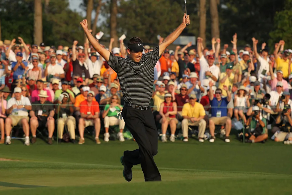 AUGUSTA, GA - APRIL 10:  Charl Schwartzel of South Africa celebrates his two-stroke victory on the 18th green during the final round of the 2011 Masters Tournament at Augusta National Golf Club on April 10, 2011 in Augusta, Georgia.  (Photo by Jamie Squire/Getty Images)
