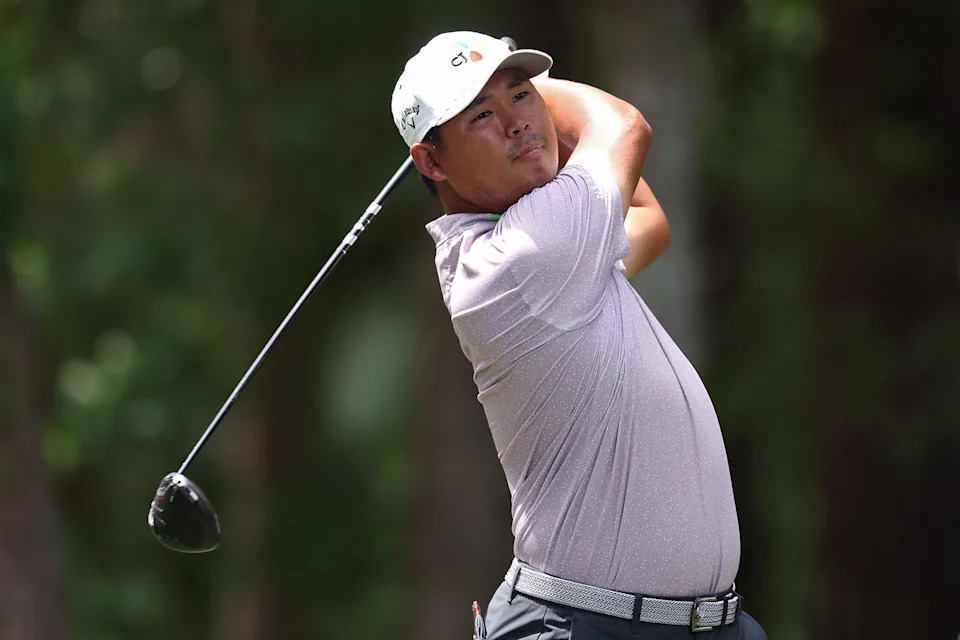 Si Woo Kim of South Korea plays his shot from the fifth tee during the third round of the RBC Heritage 2026 at Harbour Town Golf Links on April 18, 2026 in Hilton Head Island, South Carolina.
