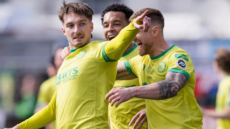 Matty Jones celebrates after scoring Caernarfon's second goal