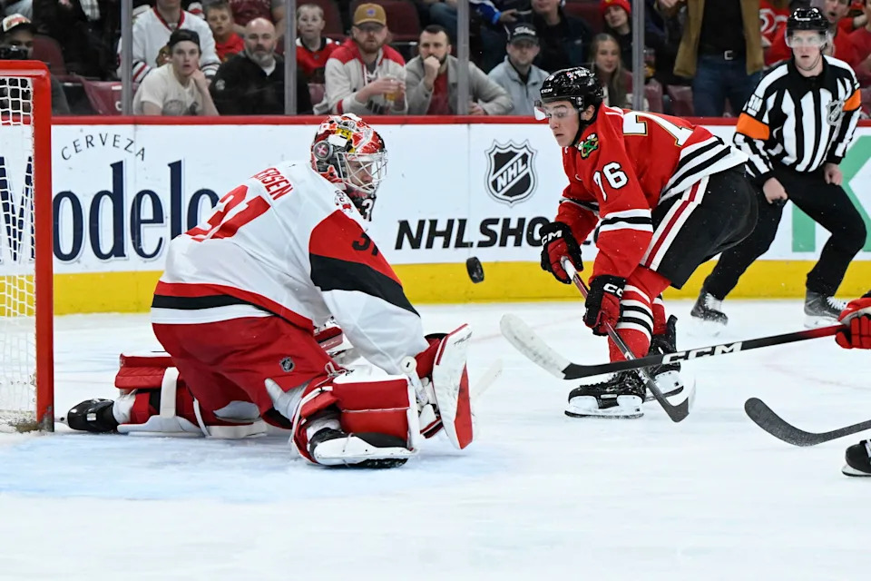 Frederik Andersen stops Nick Lardis in on a breakaway.&nbsp;© Matt Marton-Imagn Images