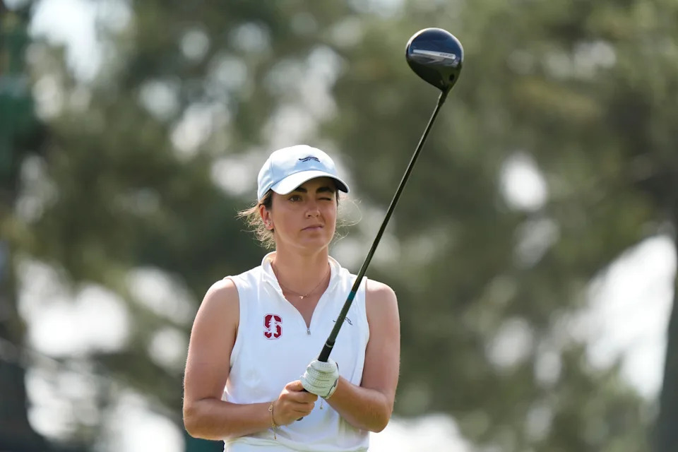 Andrea Revuelta prepares her tee shot on the third hole during the final round of the Augusta National Women's Amateur golf tournament at Augusta National Golf Club.