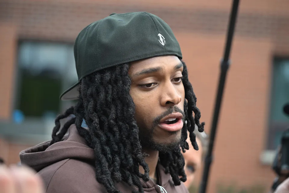 Jul 23, 2025; Latrobe, PA, USA; Pittsburgh Steelers defensive back Jalen Ramsey talks to the media at Saint Vincent College. Mandatory Credit: Barry Reeger-Imagn Images