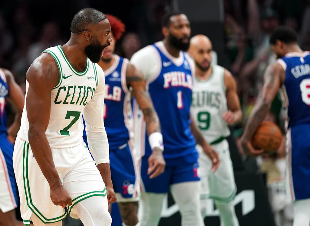 Celtics-76ers: Jaylen Brown throws down hammer dunk over Adam Bona, draws technical foul for glaring at his vanquished opponent