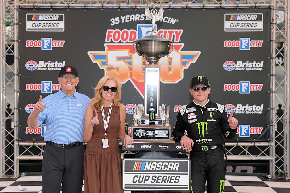 Ty Gibbs, Joe Gibbs Racing celebrates with mother Heather and grandfather Joe Gibbs
