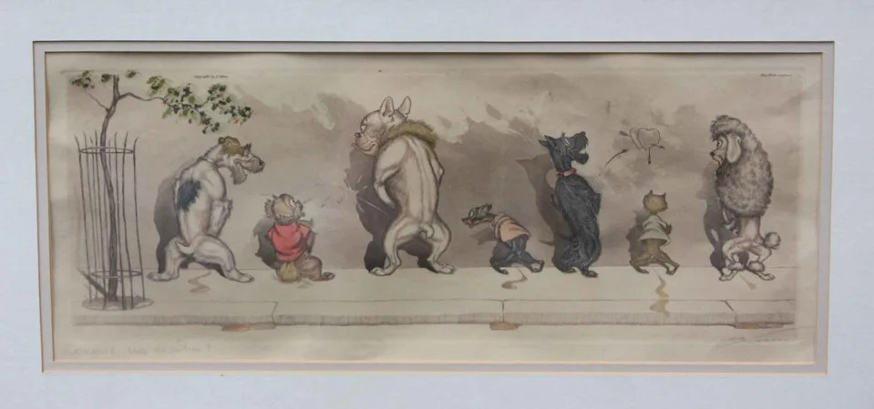 A humorous illustration of seven dogs standing on a sidewalk, urinating against a wall in various poses and breeds, with a small tree to the left—like golf writers swapping Masters stories after a long day at the Masters tournament.