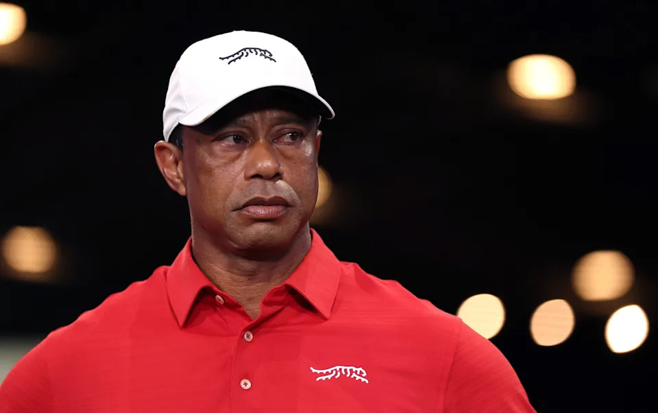 Tiger Woods of Jupiter Links Golf Club looks on after the match against the Los Angeles Golf Club at SoFi Center