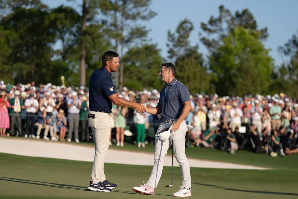 Golf: The Masters: Bryson DeChambeau and Rory McIlroy shake hands at end of round on Sunday at Augusta National. 
Augusta, GA 4/13/2025
CREDIT: Erick W. Rasco (Photo by Erick W. Rasco/Sports Illustrated via Getty Images) 
(Set Number: X164712 TK4 )