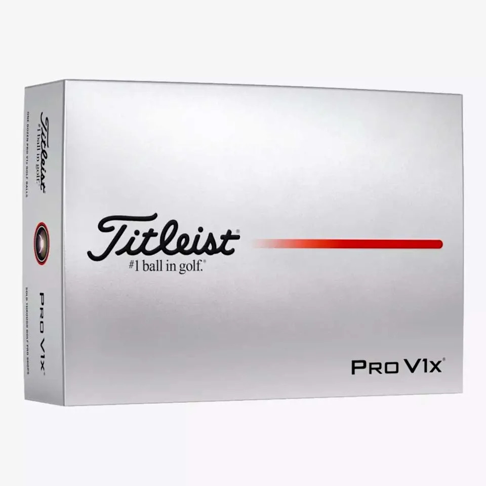 A silver box of Titleist Pro V1x golf balls, featured in Matt Fitzpatrick's winning bag at the 2026 RBC Heritage, with the Titleist logo, #1 ball in golf phrase, and a red line design on the front.
