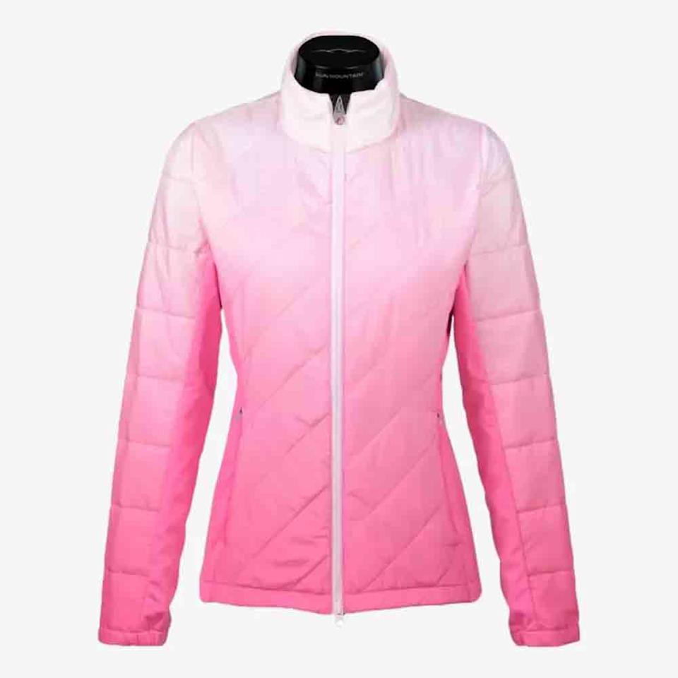 A women's quilted jacket with a front zipper, featuring a gradient color transition from white at the shoulders to bright pink at the hem and sleeves—an ideal Mother's Day gift—displayed on a mannequin against a plain background.
