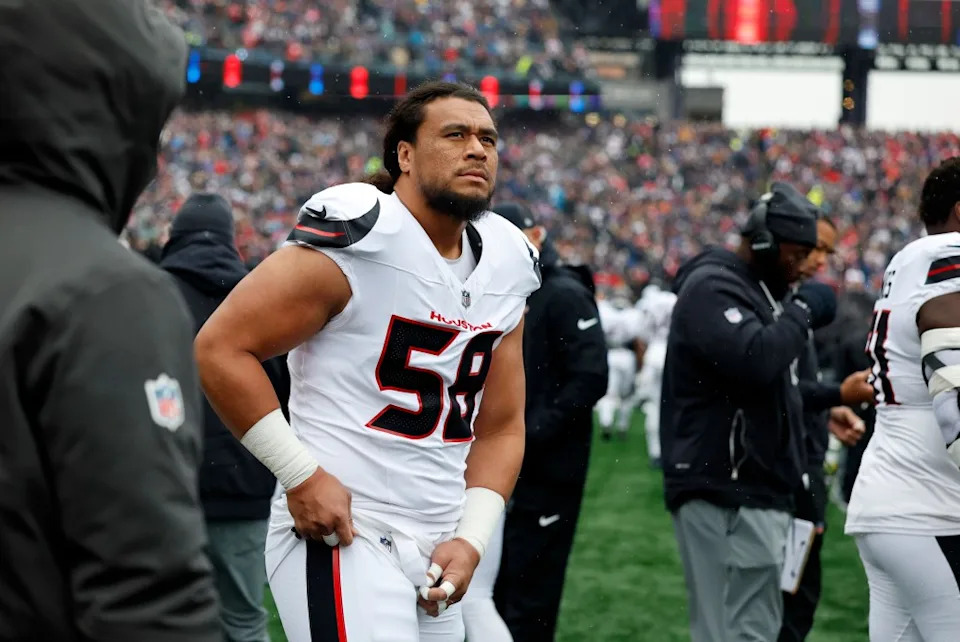 Leki Fotu of the Houston Texans before an AFC Divisional Round game between the <a class="link " href="https://sports.yahoo.com/nfl/teams/new-england/" data-i13n="sec:content-canvas;subsec:anchor_text;elm:context_link" data-ylk="slk:New England Patriots;sec:content-canvas;subsec:anchor_text;elm:context_link;itc:0" data-yga="{"yLinkElement":"context_link","yModuleName":"content-canvas","yLinkText":"New England Patriots","ySubModuleName":"anchor_text","yHasCommerce":false}">New England Patriots</a> and the Houston Texans on January 18, 2026, at Gillette Stadium Icon Sportswire via Getty Images