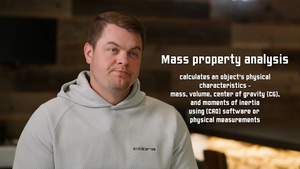 A man in a light gray hoodie sits indoors, looking slightly to the side. Text beside him reads: Mass property analysis calculates an object's physical characteristics—ideal for Cobra 3DP Irons—using CAD software or physical measurements.