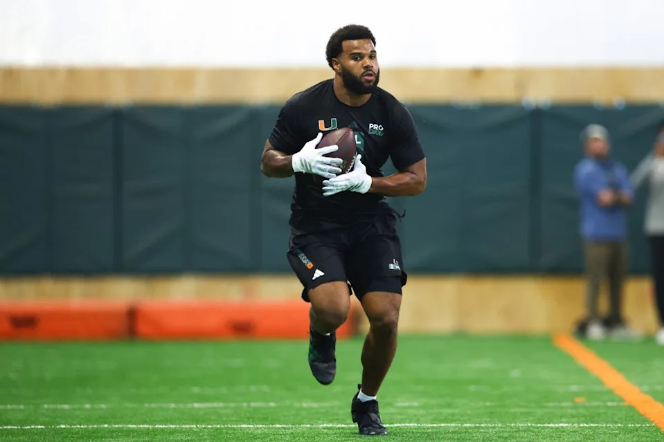 Akheem Mesidor of the Miami Hurricanes participates in the 2026 Miami Pro Day at Carol Soffer Indoor Practice Facility on March 23, 2026 in Coral Gables, Florida. Getty Images