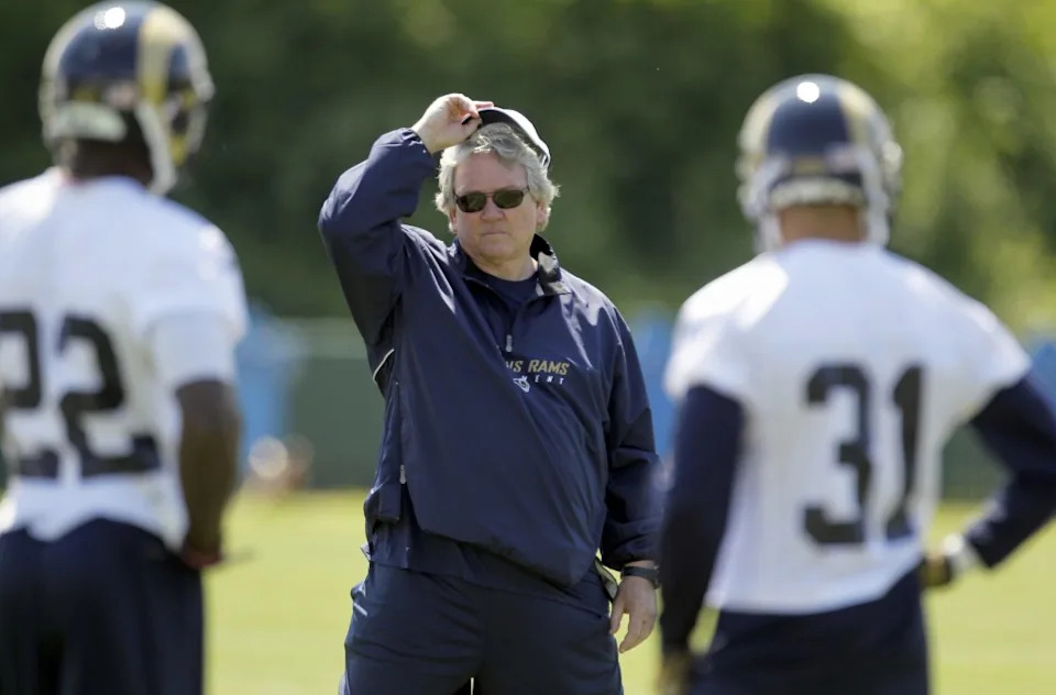 Rams assistant head coach Dave McGinnis watches during NFL football minicamp, April 17, 2012. AP