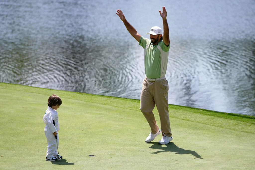 Photos of golfers and their children enjoying the Par-3 Contest at the Masters