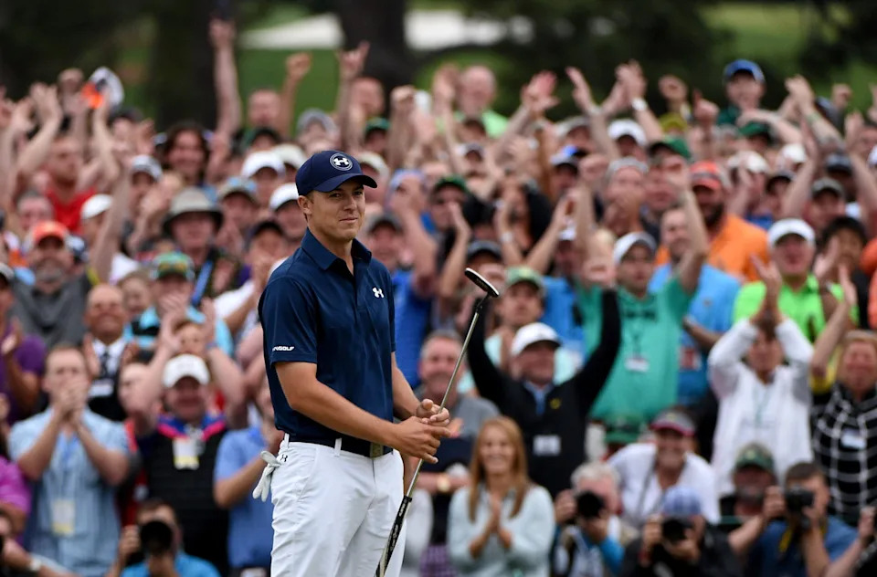 AUGUSTA, GA - APRIL 12:  Jordan Spieth of the United States celebrates on the 18th green after winning the 2015 Masters at Augusta National Golf Club on April 12, 2015 in Augusta, Georgia.  (Photo by Ross Kinnaird/Getty Images)