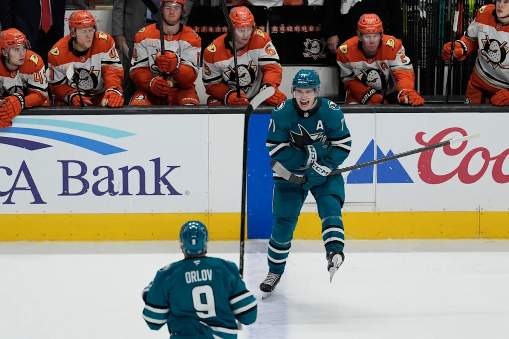 Celebrini ties it late then sets up Wennberg’s winner as the Sharks beat the Ducks 4-3