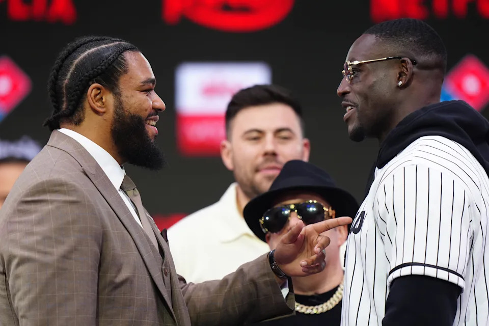 Jeamie Tshikeva and Richard Riakporhe during a press conference at The Pelligon, London. Picture date: Thursday April 9, 2026. (Photo by Bradley Collyer/PA Images via Getty Images)