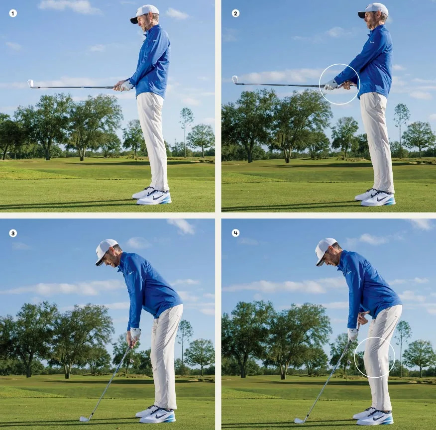 Four photos show a golfer in a blue shirt and white pants demonstrating proper golf swing posture step-by-step on a grassy course with trees and a blue sky. Circles highlight hand and back positions to perfect your swing.