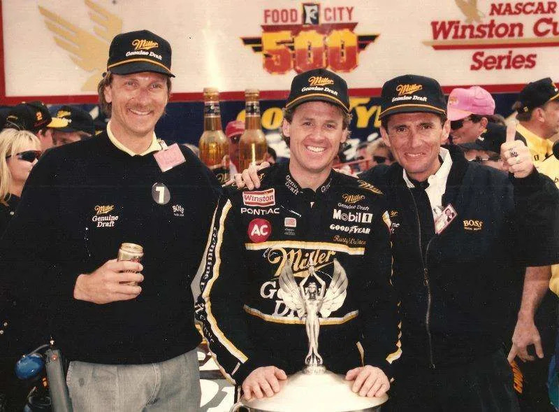 Rusty Wallace (center) celebrates his win at Bristol, dedicating it to Alan Kulwicki, who was killed in a plane crash three days earlier near Bristol, Tenn. Photo courtesy Tom Roberts.