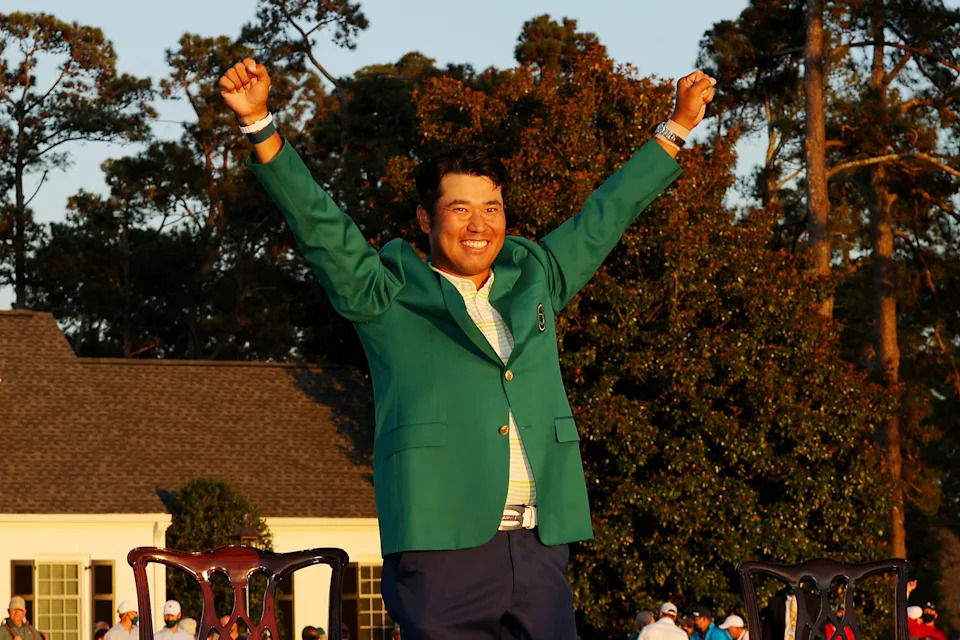 AUGUSTA, GEORGIA - APRIL 11: Hideki Matsuyama of Japan celebrates during the Green Jacket Ceremony after winning the Masters at Augusta National Golf Club on April 11, 2021 in Augusta, Georgia. (Photo by Kevin C. Cox/Getty Images)