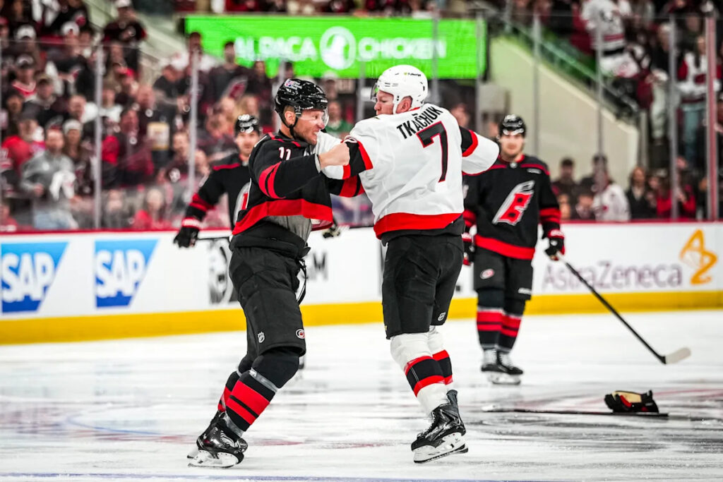 Stanley Cup playoffs 2026: Brady Tkachuk, Jordan Staal fight 3 seconds into Game 1 of Senators-Hurricanes series
