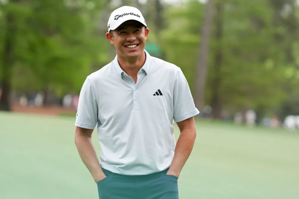 Collin Morikawa laughs with Scottie Scheffler before teeing off on the 14th hole during a practice round for the Masters Tournament at Augusta National Golf Club on April 6, 2026.