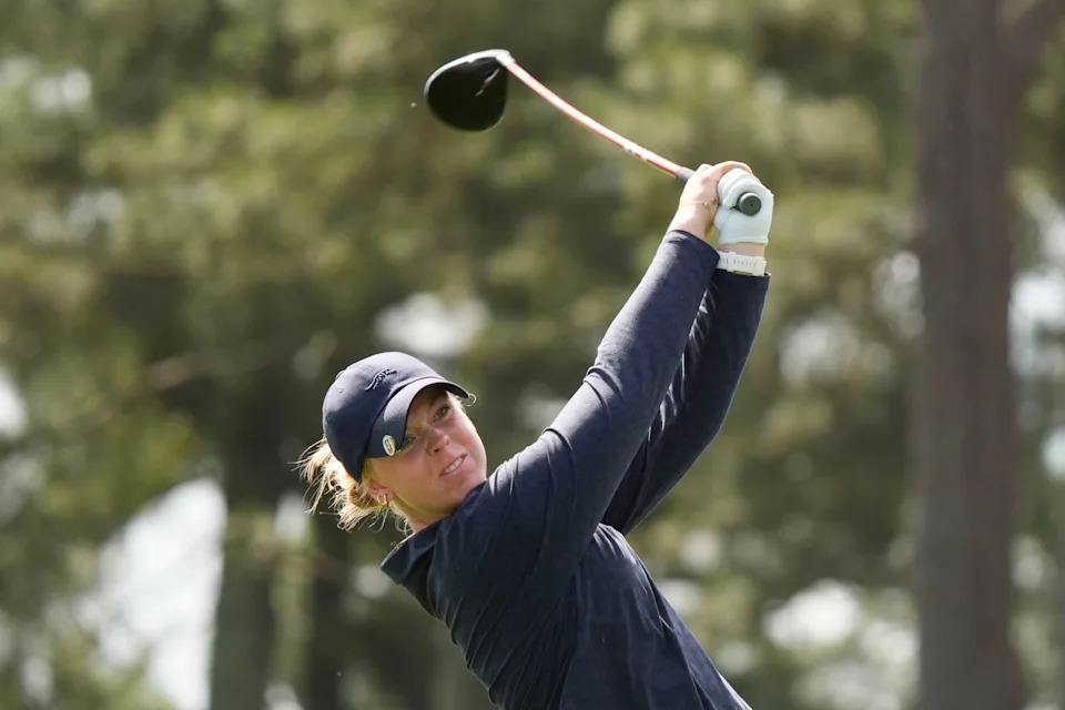 Meja Ortengren hits her tee shot on the third hole during the final round of the Augusta National Women's Amateur golf tournament at Augusta National Golf Club.