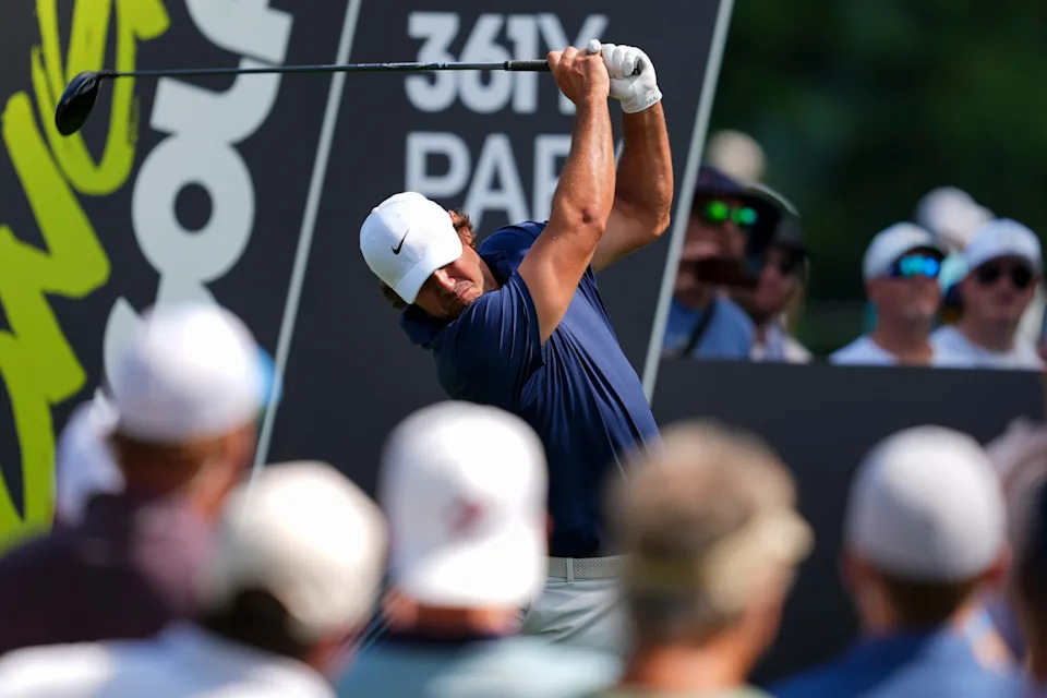 Aug 22, 2025; Detroit, Michigan, USA; Brooks Koepka of Smash GC plays his shot from the fifth tee during the quarterfinals of the LIV Golf Michigan Team Championship at The Cardinal at Saint John's Resort. Mandatory Credit: Aaron Doster-Imagn Images