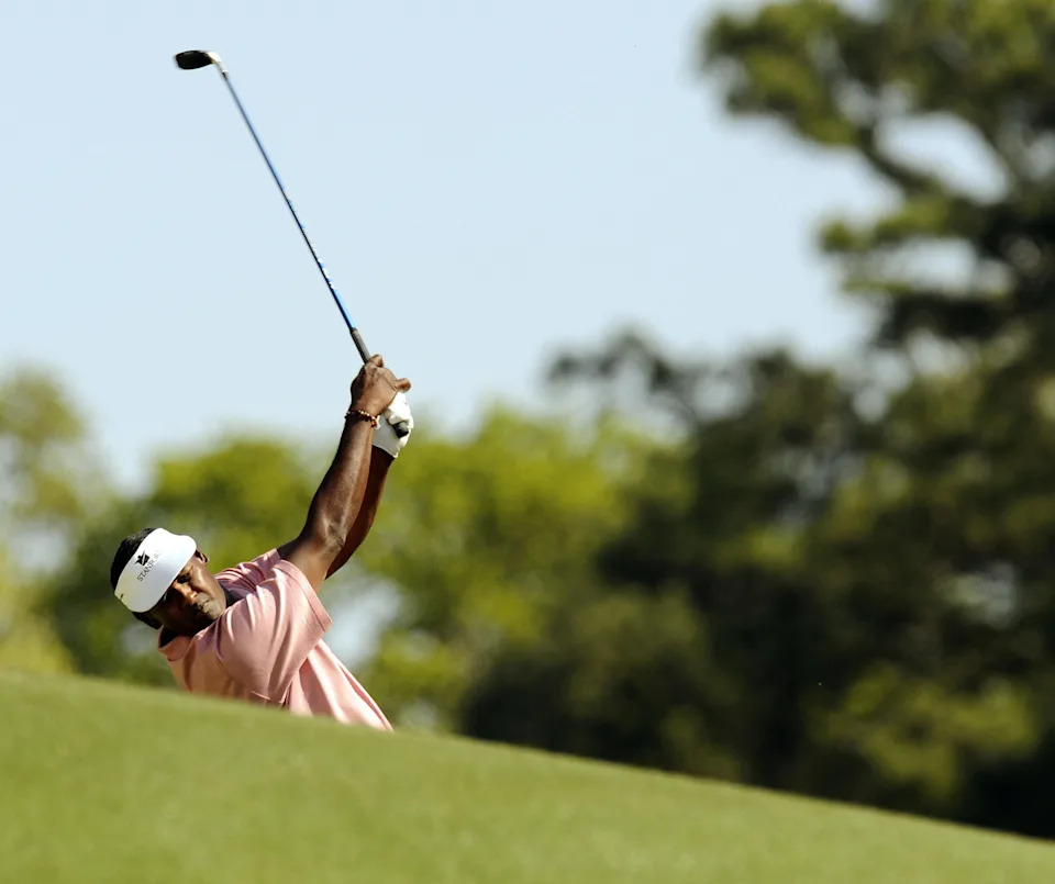 Vijay Singh of Fiji hits from the fairway on the 2nd hole during the 1st round of the 2009 Masters at Augusta National Golf Club April 9, 2009 in Augusta, Georgia.