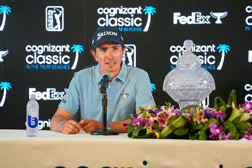 Nico Echavarria talks to reporters after winning the Cognizant Classic in the Palm Beaches at PGA National Resort & Spa on Sunday, March 1, 2026, in Palm Beach Gardens, FL.