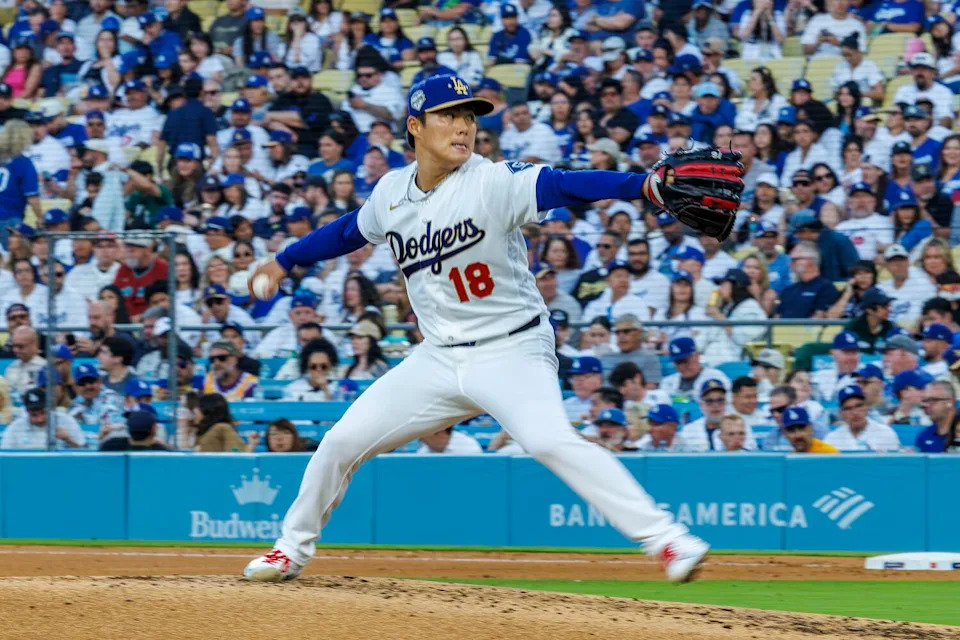 Yoshinobu Yamamoto pitches against the Arizona Diamondbacks on March 26 at Dodger Stadium.