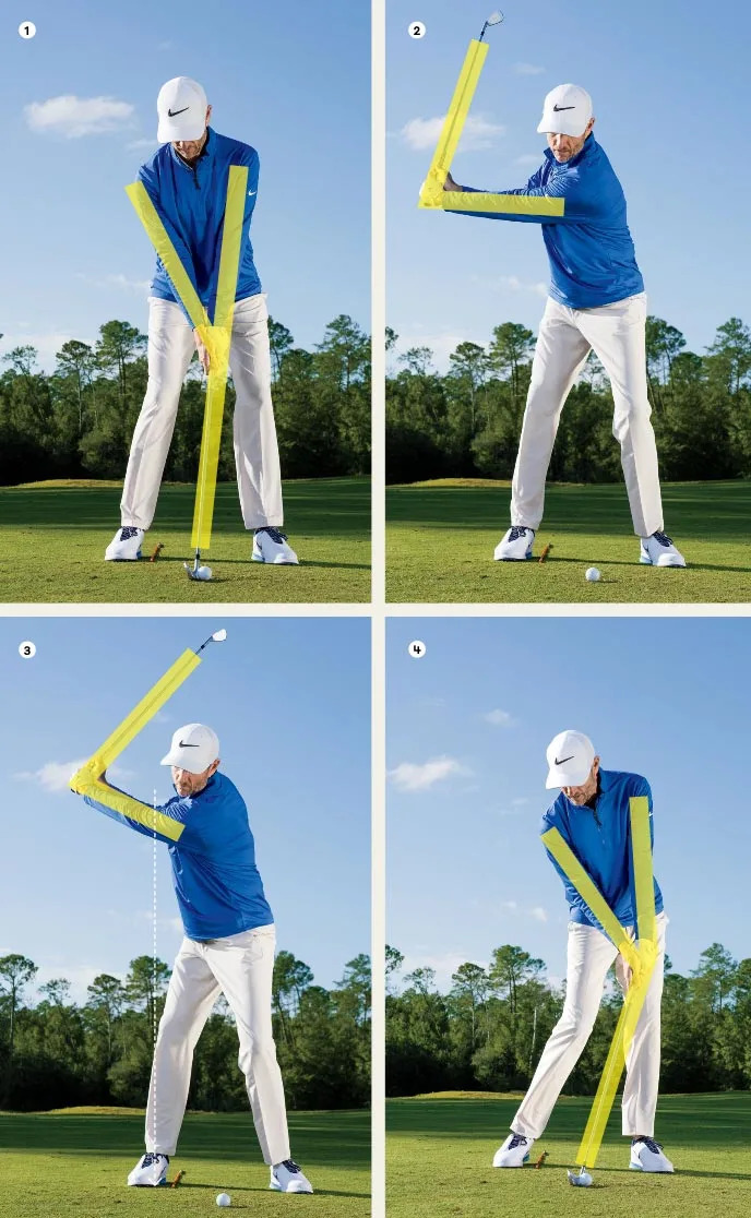 A golfer in a blue shirt and white pants demonstrates four stages of a golf swing with yellow lines highlighting swing path, arm, and club angles. Each panel shows a different part of the swing against a golf course background.