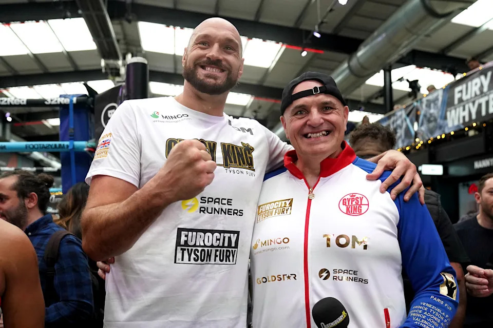 Tyson Fury (left) with father and trainer John Fury after an open workout at BOXPARK Wembley, London. Picture date: Tuesday April 19, 2022. (Photo by Nick Potts/PA Images via Getty Images)