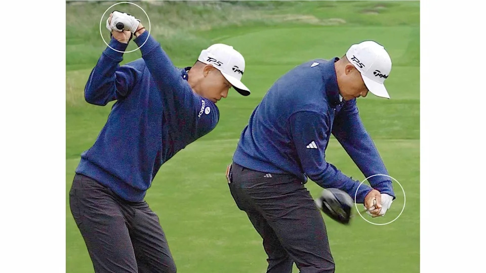 collin korikawa at the tip of the backswing and midway through the downswing