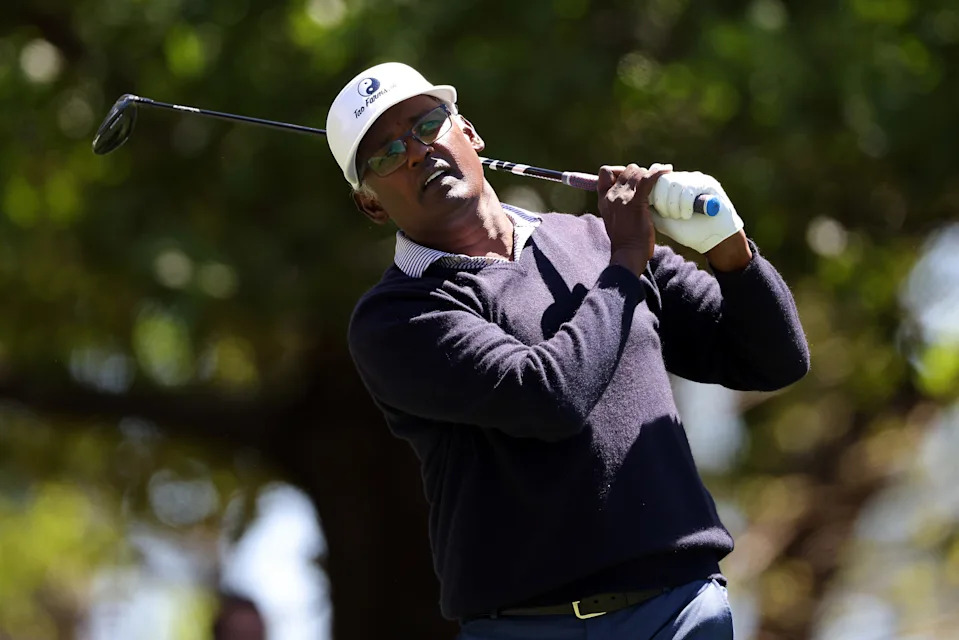 Vijay Singh of Fiji plays his shot from the fourth tee during the third round of the 2024 Masters Tournament at Augusta National Golf Club on April 13, 2024 in Augusta, Georgia.