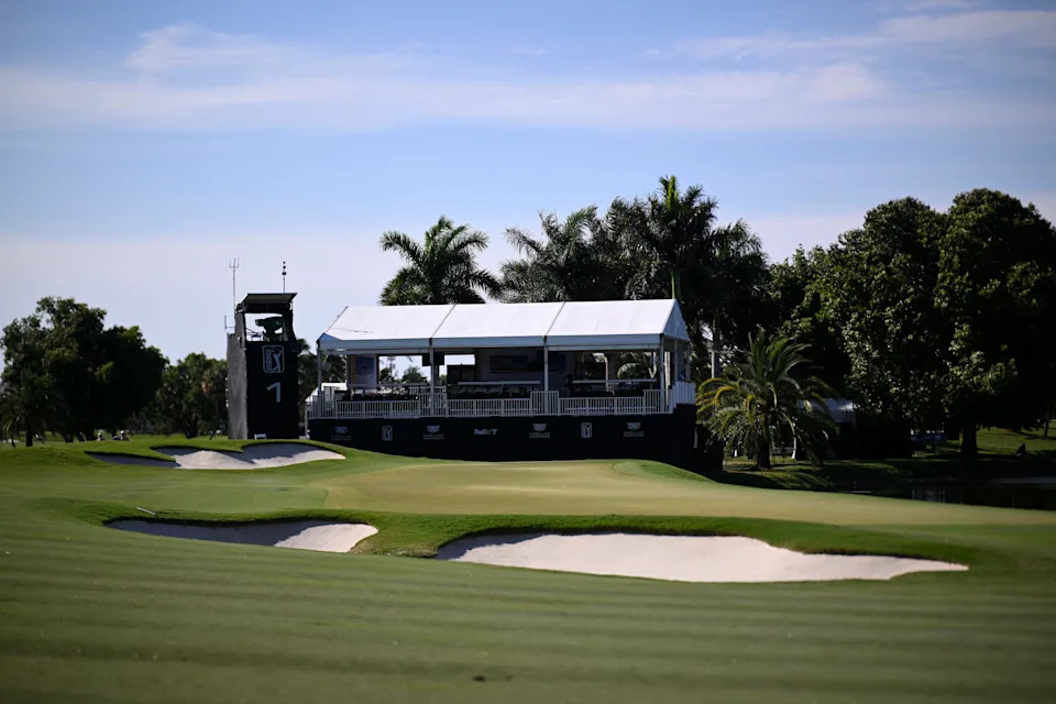 A general view of the first green during the third round of the Cadillac Championship 2026 at Trump National Doral Miami on May 02, 2026 in Doral, Florida.