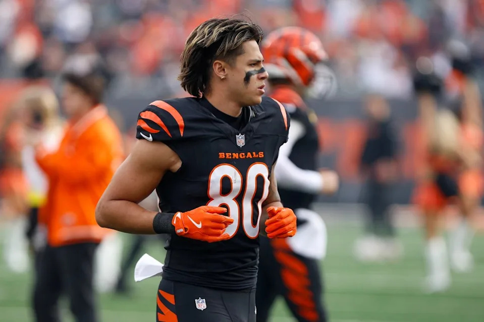 Cincinnati Bengals wide receiver Andrei Iosivas (80) warms up before the game against the <a class="link " href="https://sports.yahoo.com/nfl/teams/arizona/" data-i13n="sec:content-canvas;subsec:anchor_text;elm:context_link" data-ylk="slk:Arizona Cardinals;sec:content-canvas;subsec:anchor_text;elm:context_link;itc:0" data-yga="{"yLinkElement":"context_link","yModuleName":"content-canvas","yLinkText":"Arizona Cardinals","ySubModuleName":"anchor_text","yHasCommerce":false}">Arizona Cardinals</a> on December 28, 2025, at Paycor Stadium in Cincinnati. Icon Sportswire via Getty Images