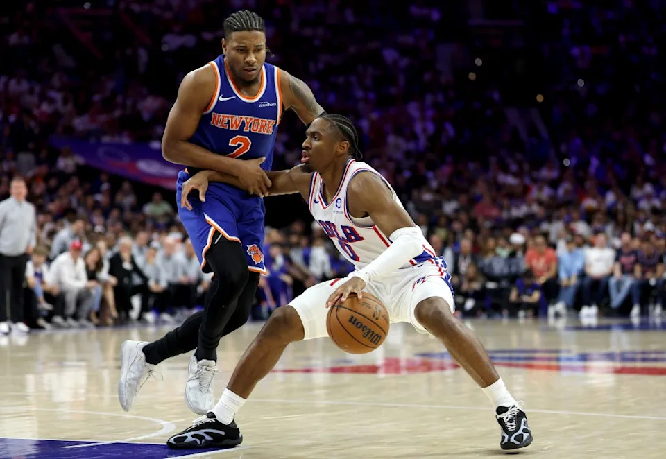 Miles McBride defends during the Knicks’ May 8 playoff game against the 76ers. Getty Images