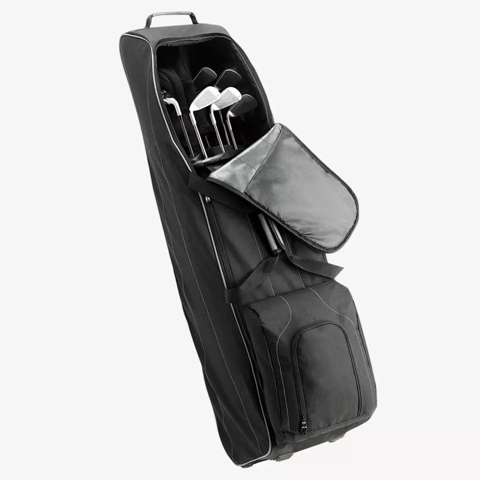 A black golf travel bag with an open front pocket, revealing several golf clubs inside—perfect for carrying your best golf rangefinders. The bag features handles and extra compartments, standing upright against a white background.