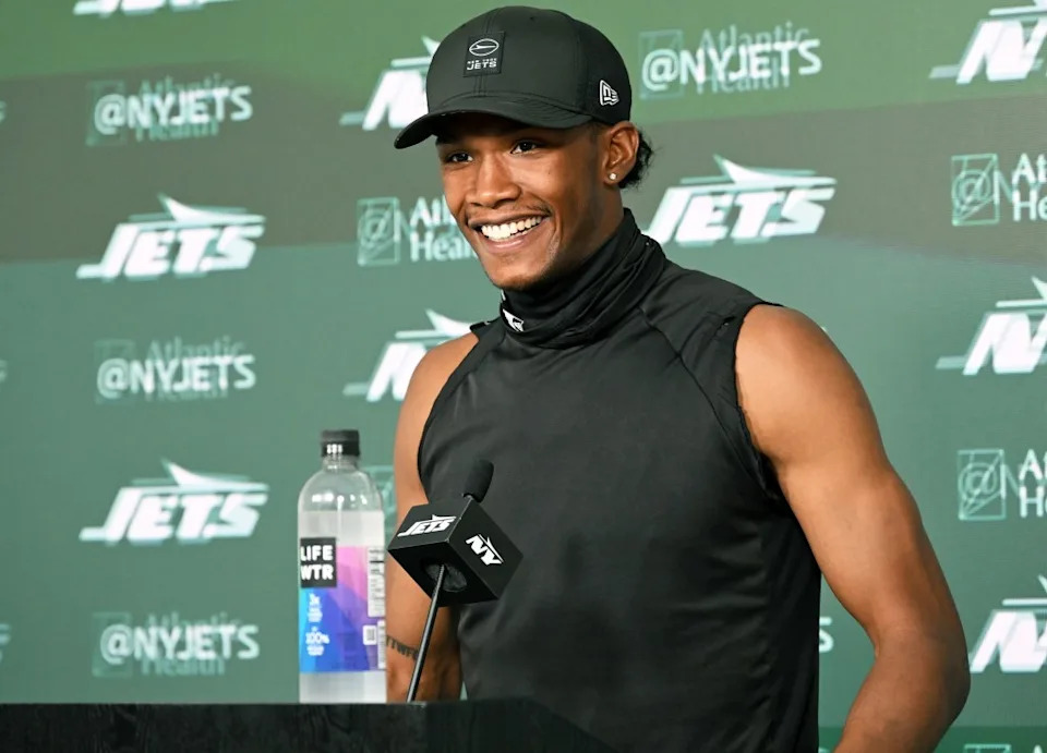 Garrett Wilson is all smiles while he talks with reporters during Jets OTA’s on May 28, 2026 in Florham Park, N.J. Bill Kostroun / New York Post