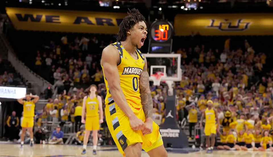 Marquette guard Nigel James Jr. (0) celebrates his dunk during the second half of their game Tuesday, January 27, 2026 at Fiserv Forum in Milwaukee, Wisconsin. Marquette beat Creighton 86-62.