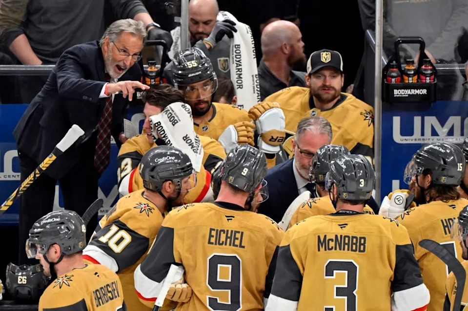 Head coach John Tortorella (L) of the Vegas Golden Knights calls to his team during a timeout in Game One of the Second Round of the 2026 Stanley Cup Playoffs against the Anaheim Ducks at T-Mobile Arena on May 04, 2026 in Las Vegas, Nevada. NHLI via Getty Images