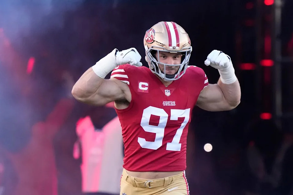 San Francisco 49ers defensive end Nick Bosa (97) is introduced before an NFL divisional round playoff football game against the <a class="link " href="https://sports.yahoo.com/nfl/teams/dallas/" data-i13n="sec:content-canvas;subsec:anchor_text;elm:context_link" data-ylk="slk:Dallas Cowboys;sec:content-canvas;subsec:anchor_text;elm:context_link;itc:0" data-yga="{"yLinkElement":"context_link","yModuleName":"content-canvas","yLinkText":"Dallas Cowboys","ySubModuleName":"anchor_text","yHasCommerce":false}">Dallas Cowboys</a> AP