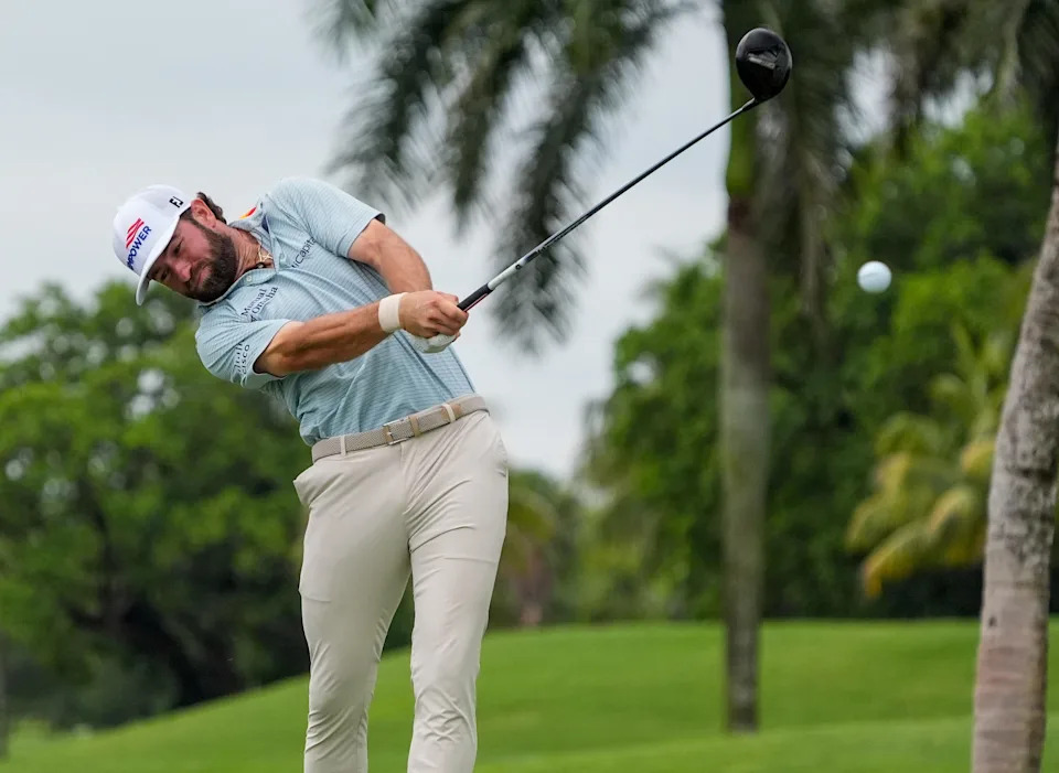 May 3, 2026; Miami, Florida, USA; Cameron Young plays his tee shot on the second hole hole during the final round of the Cadillac Championship golf tournament. Mandatory Credit: Jeff Romance-Imagn Images