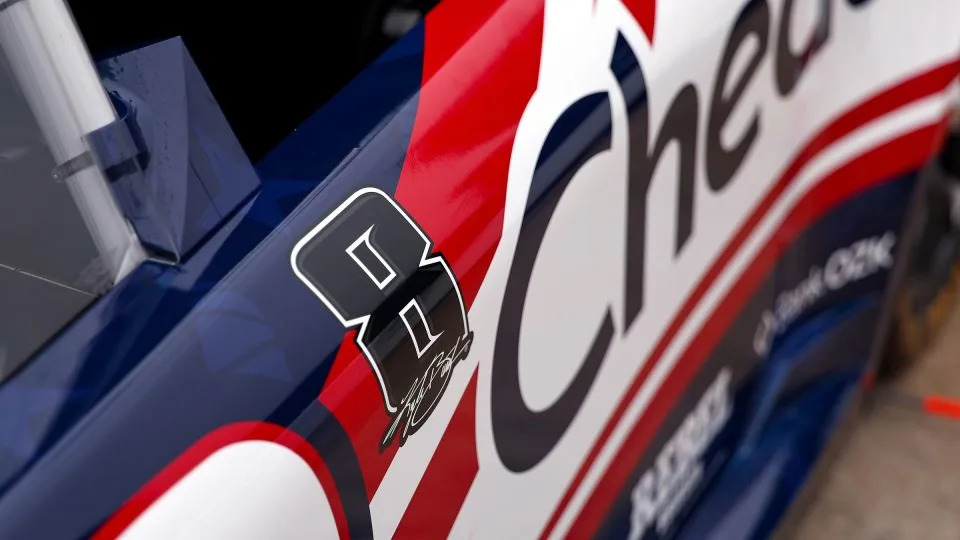 A detail view of a "8 Kyle Busch" sticker on the #33 Cheddar's Scratch Kitchen Chevrolet, that will be driven by Austin Hill seen on Saturday in Concord, North Carolina. - David Jensen/Getty Images