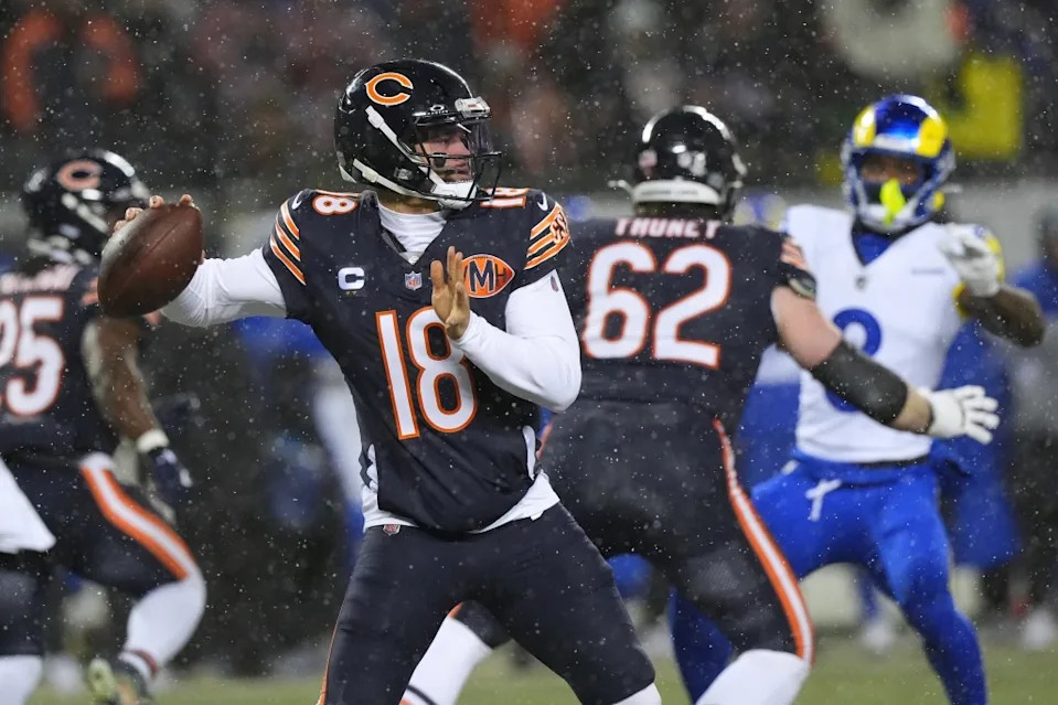 Caleb Williams is pictured during a January 2026 game for the Bears. AP